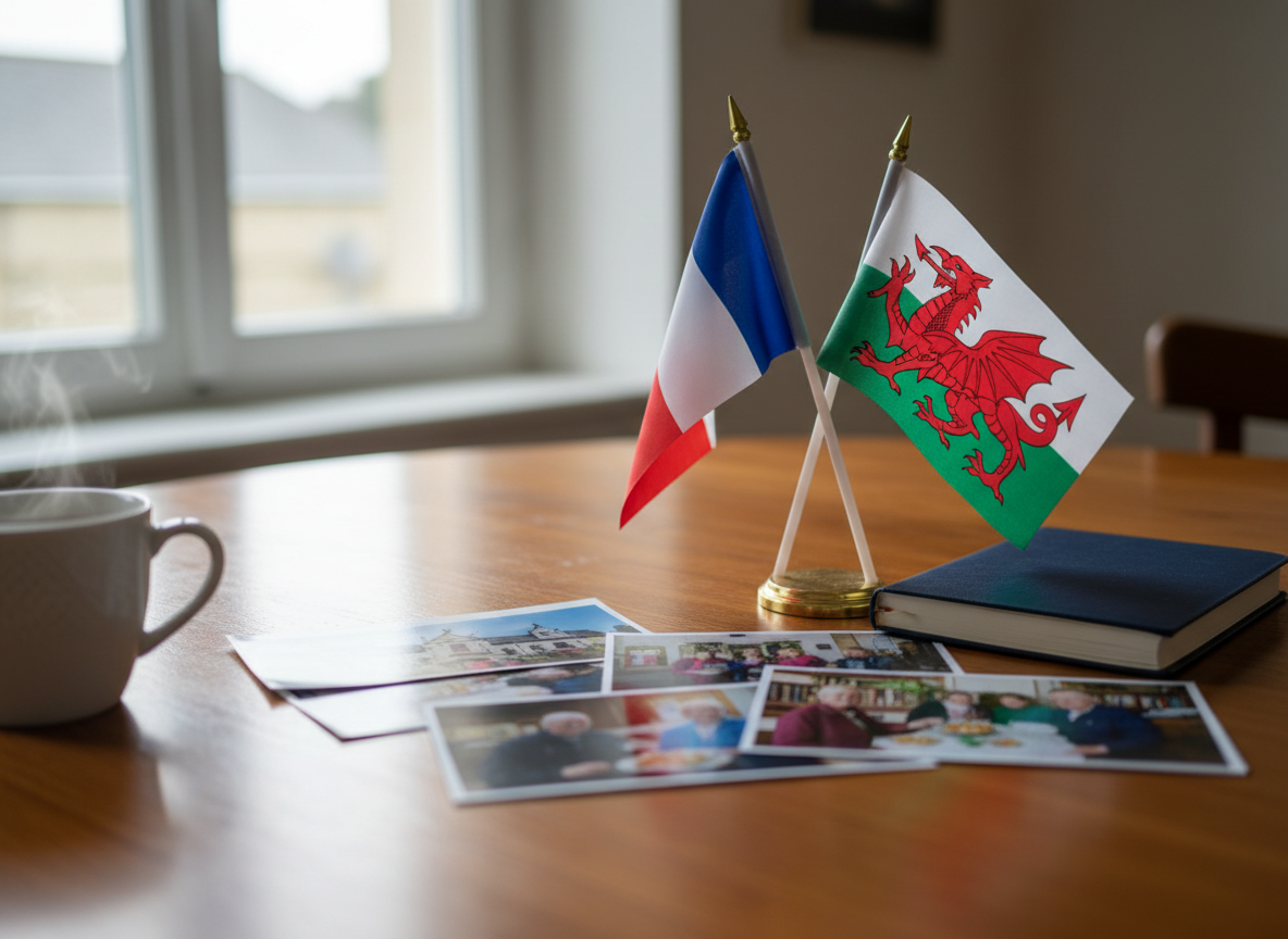 Une photographie réaliste et élégante illustrant les actualités d’un comité de jumelage franco-britannique : deux petits drapeaux français et gallois, posés sur une table avec un carnet et des photos de rencontre, lumière naturelle douce, ambiance chaleureuse et associative, composition horizontale adaptée à une page web, sans texte ni logo.